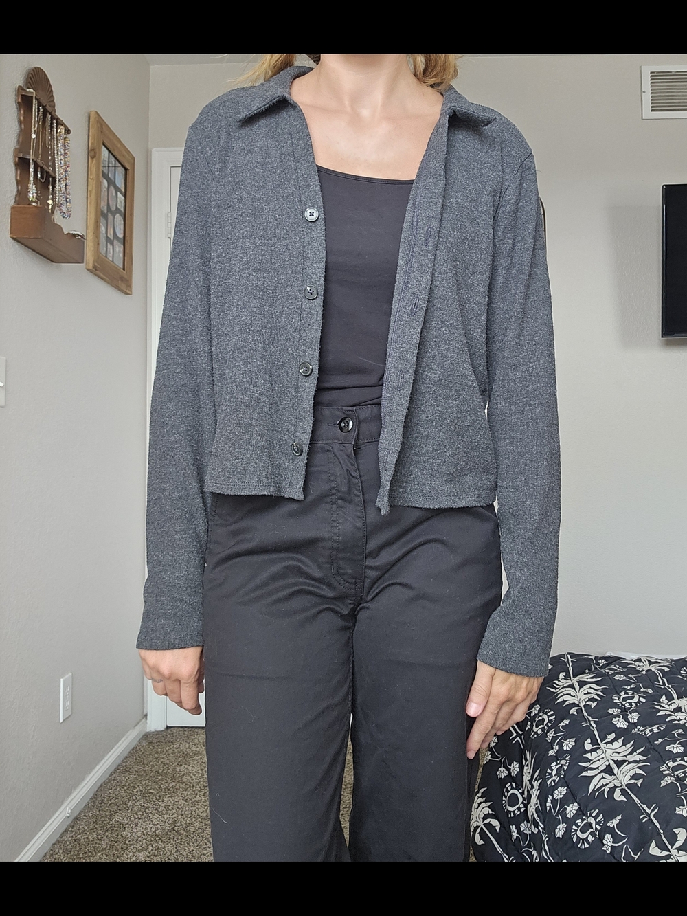 Madewell Charcoal Button-Front Cropped Cardigan